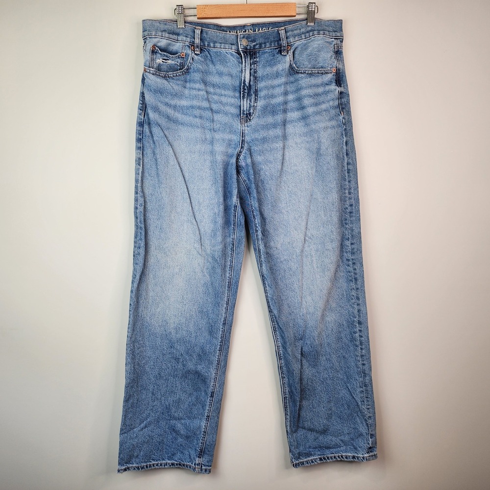 American Eagle Ex-Boyfriend Baggy Straight Jeans Women's 14 Long Strigid Denim - Picture 2 of 9